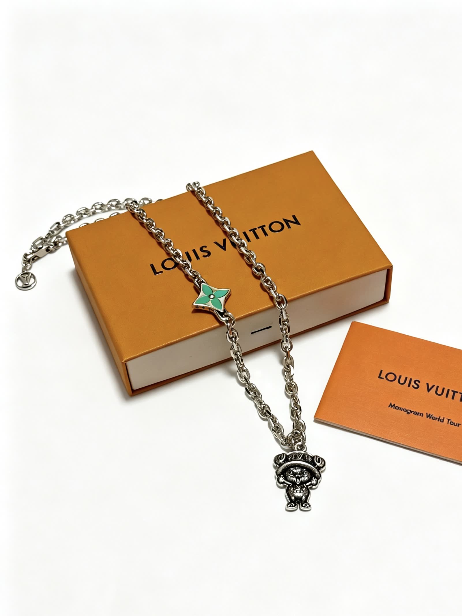Louis Vuitton Silver Tone Necklace with Green Enamel and Monogram Bear Charm